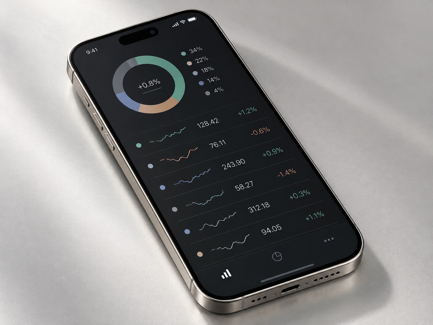 Titanium smartphone with an illustrative market overview, rendered on a platinum surface.